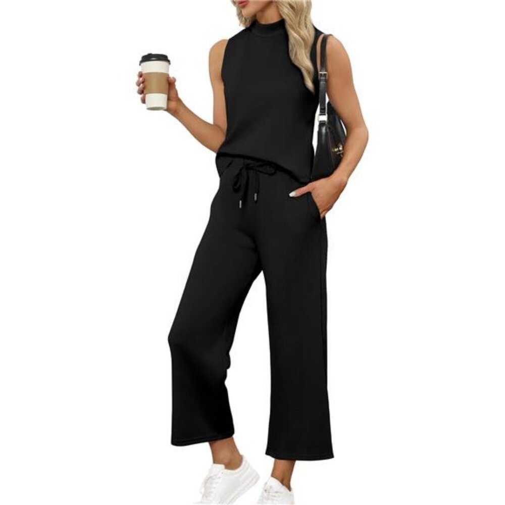Two Piece Sets for Women Summer Outfits Lounge Sets Mock Neck Tops Wide Leg